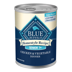 Blue Buffalo Receta Casera Senior con pollo real en lata, soporte proteico diario.
