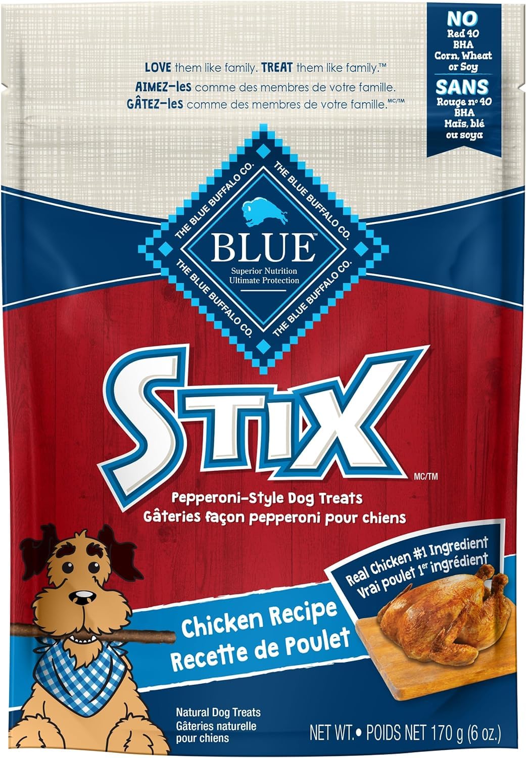 Blue Buffalo Stix: caja del producto, snack práctico para masticar durante el día.