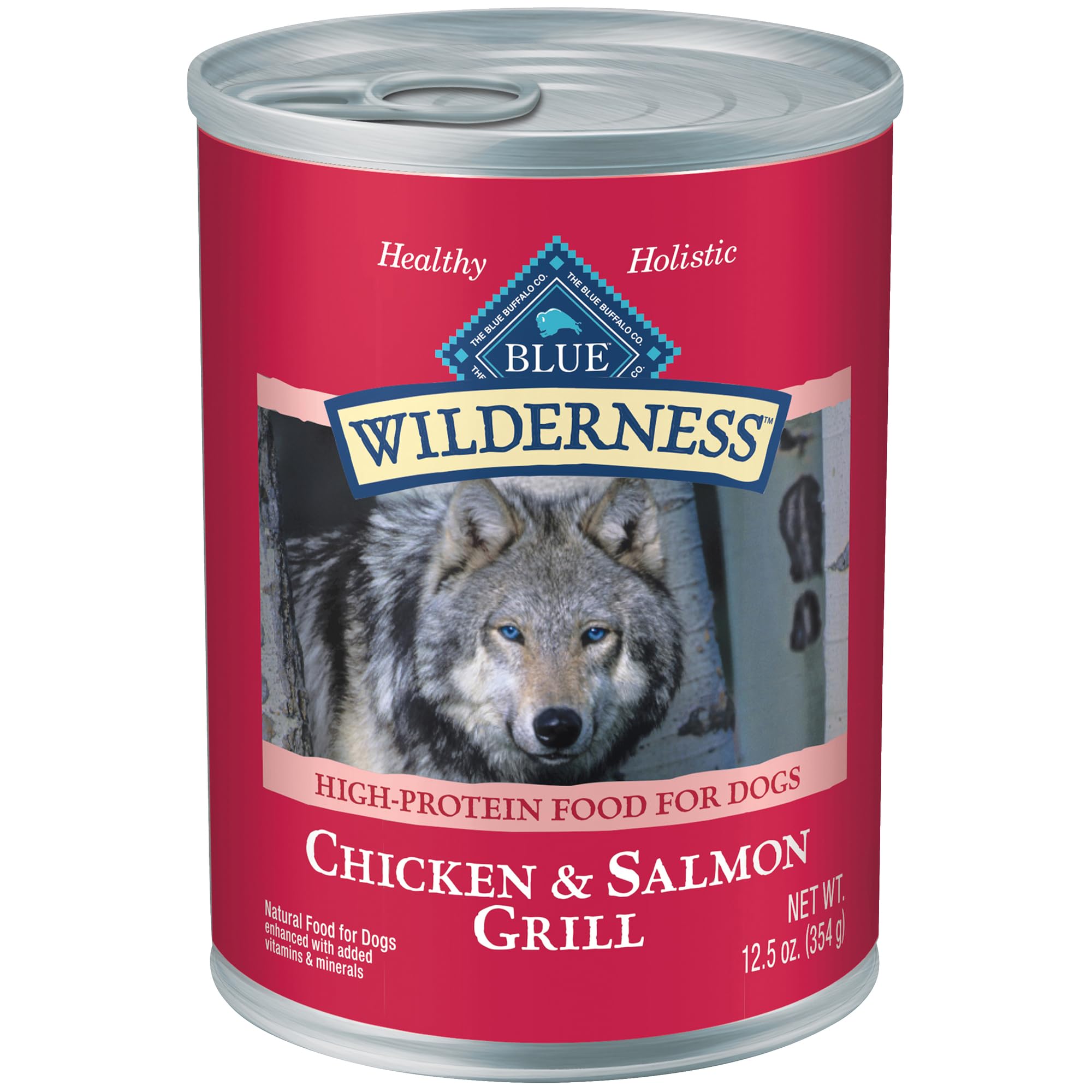 Blue Buffalo Wilderness: lata de salmón y pollo abierta para alimentar perros activos.