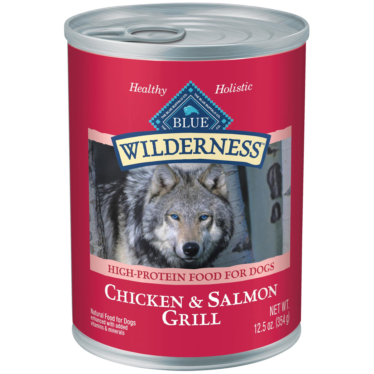 Blue Buffalo Wilderness: lata de salmón y pollo abierta para alimentar perros activos.