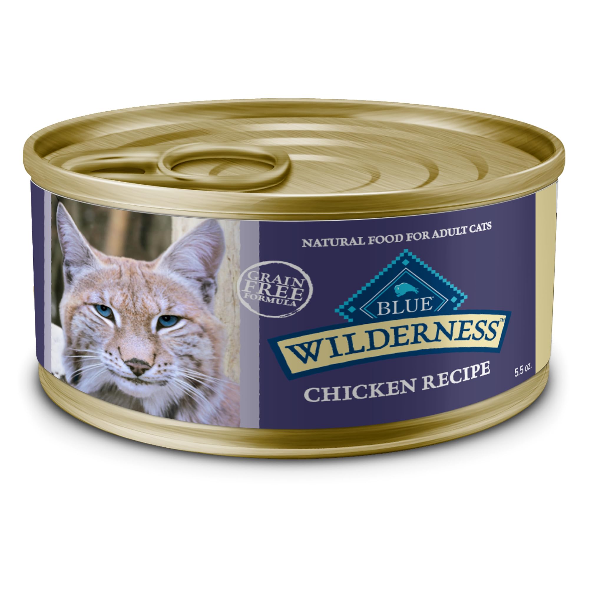 Blue Buffalo Wilderness Paté para gatos con pollo como primer ingrediente real y alto en proteína.