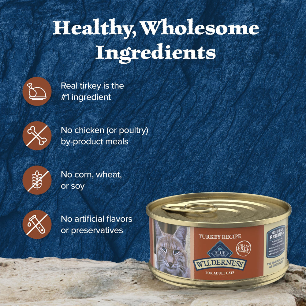 Blue Buffalo Wilderness pate de pavo con proteína alta para energía diaria.