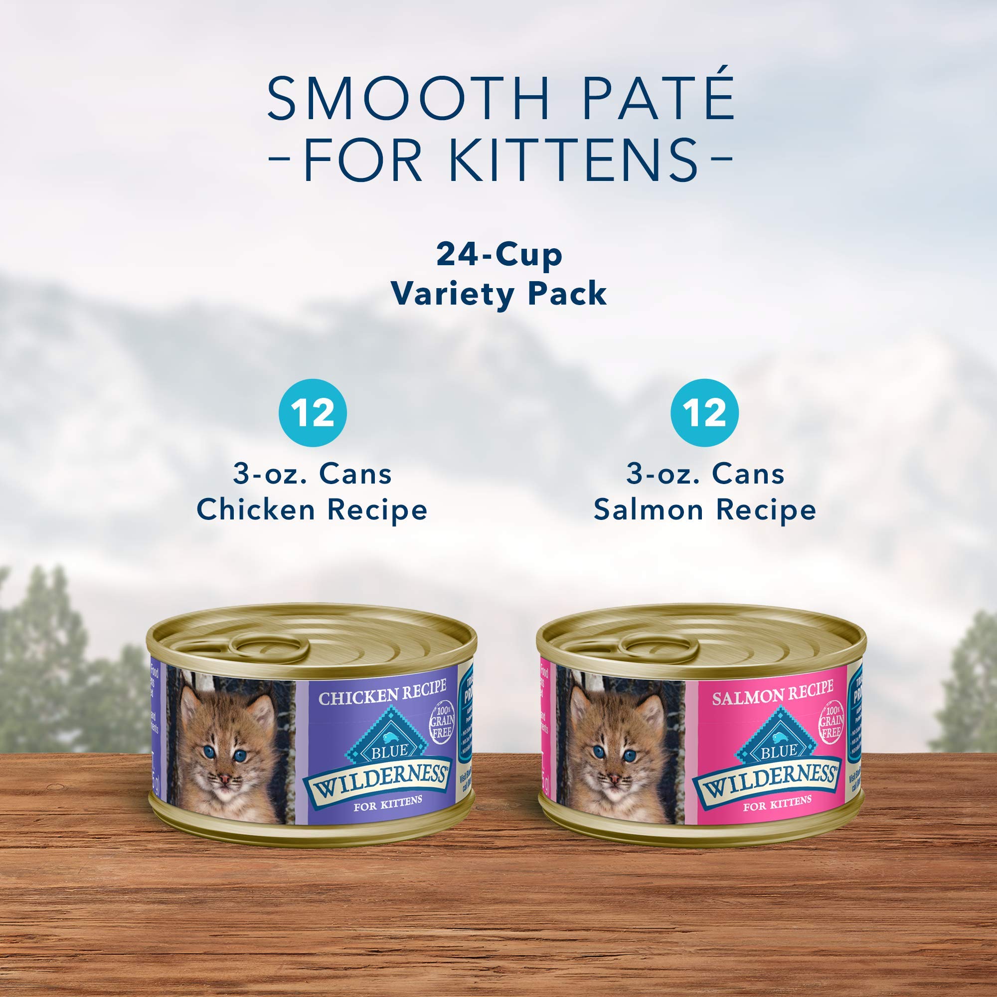 Blue Buffalo Wilderness pate salmón en lata, sabor para gatitos activos.