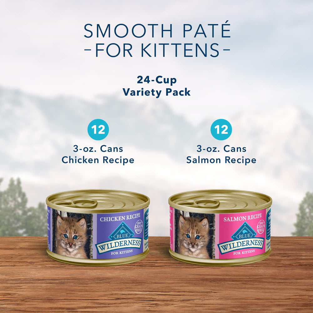 Blue Buffalo Wilderness pate salmón en lata, sabor para gatitos activos.
