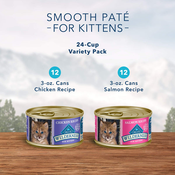 Blue Buffalo Wilderness pate salmón en lata, sabor para gatitos activos.