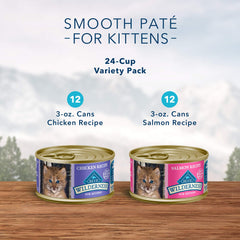 Blue Buffalo Wilderness pate salmón en lata, sabor para gatitos activos.
