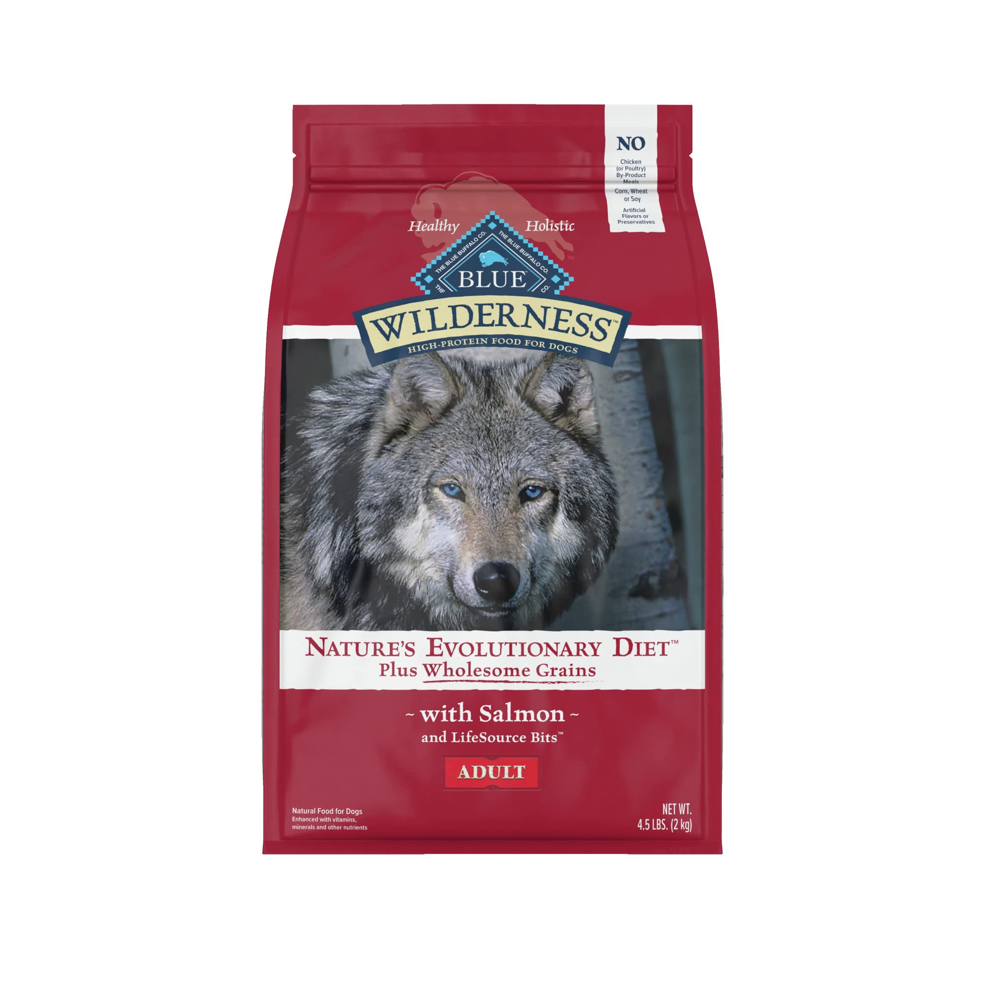 Blue Buffalo Wilderness Salmon croquetas en bolsa frontal, energía diaria para perros adultos