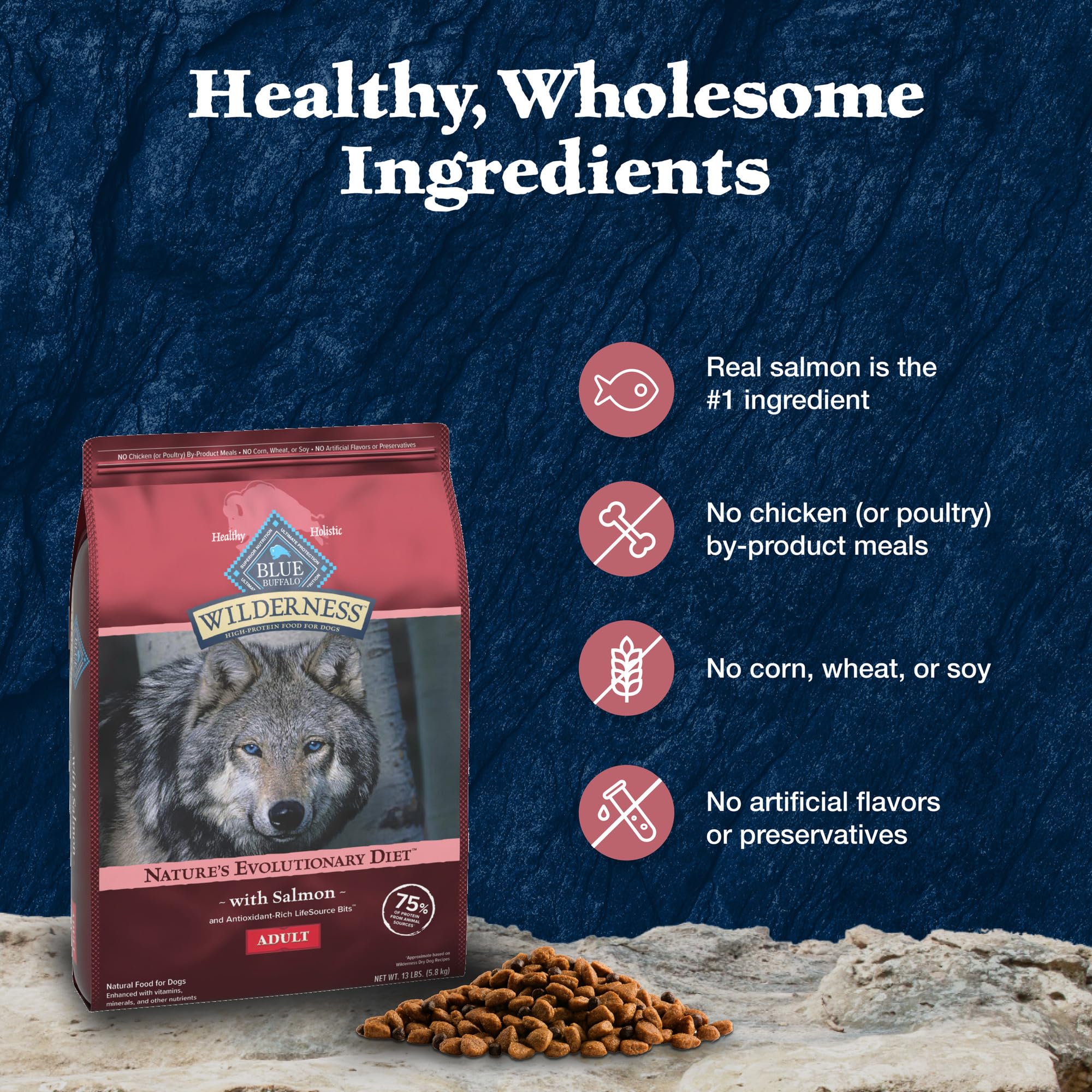 Blue Buffalo Wilderness Salmón: fórmula natural sin aditivos artificiales para paladares exigentes.