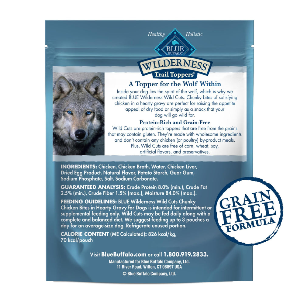 Blue Buffalo Wilderness Trail Toppers trozos de pollo en salsa espesa; perfecto como snack entre comidas.