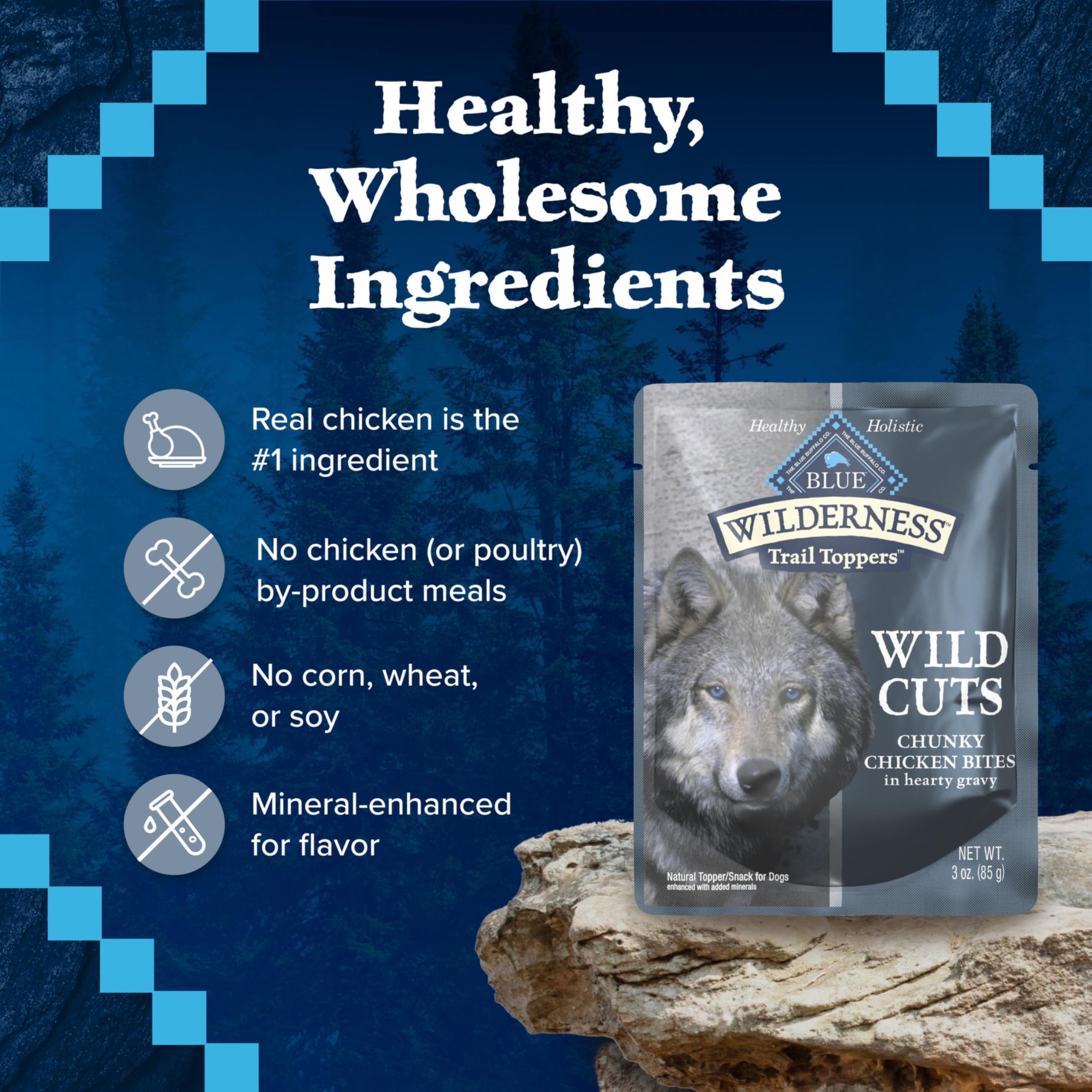 Blue Buffalo Wilderness Trail Toppers topping para comida seca; mejora la palatabilidad.