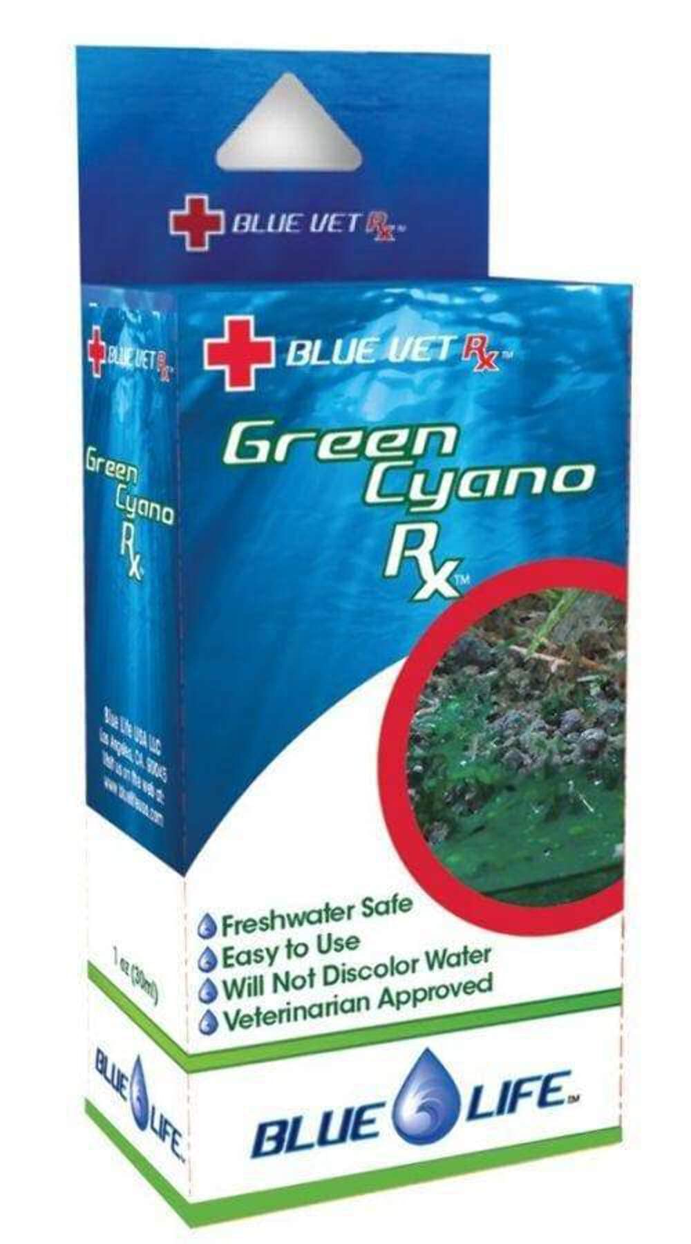 Blue Life Green Cyano Rx botella frontal, ayuda a controlar cianobacterias en acuarios