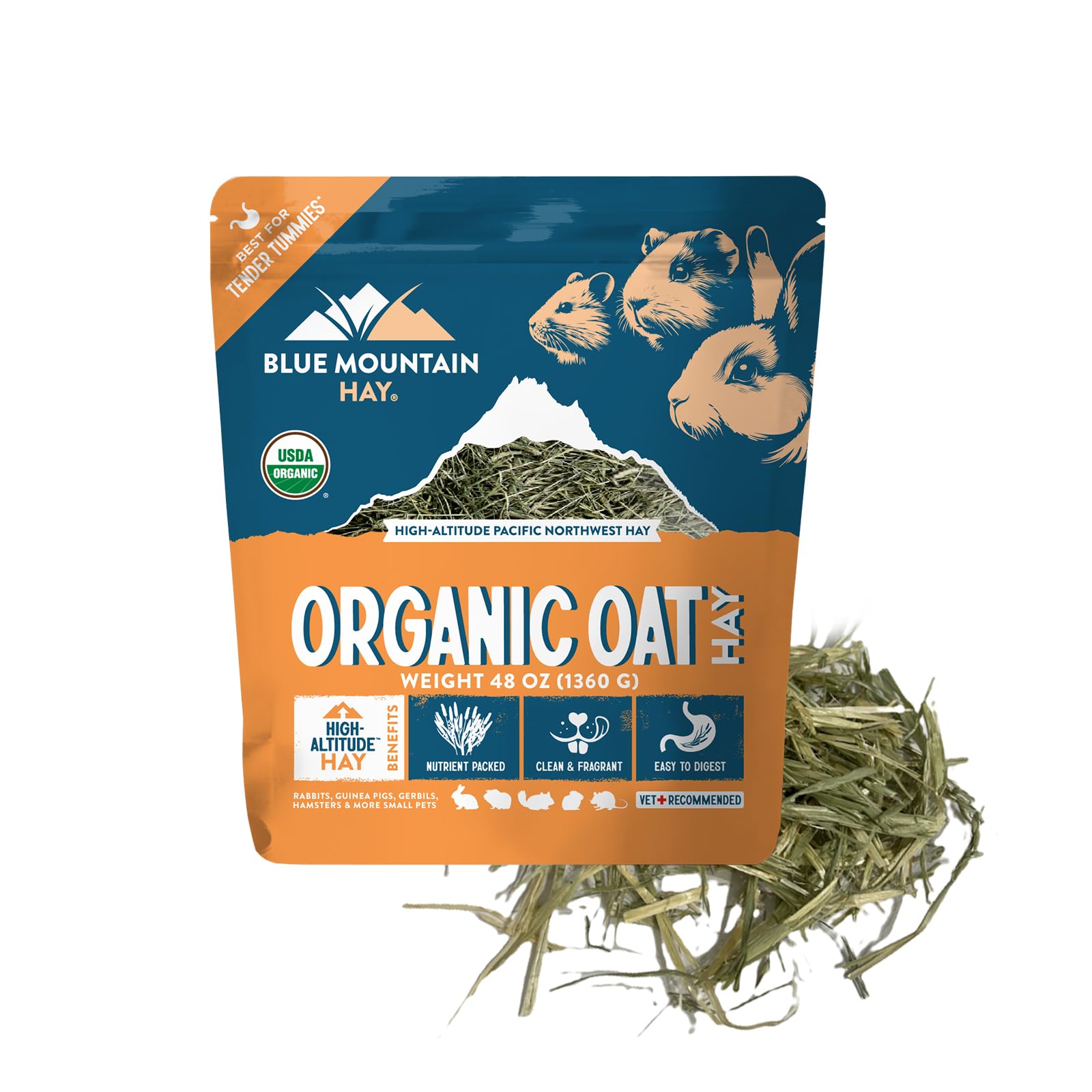 Blue Mountain Hay heno de avena orgánico, frente: ideal para forage diario y digestión suave.