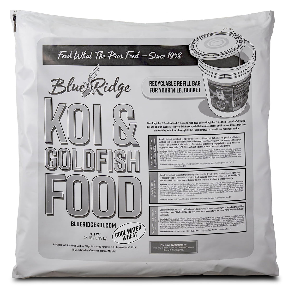 Blue Ridge Koi alimento pellets agua fría trigo, nutrición para temperaturas bajas