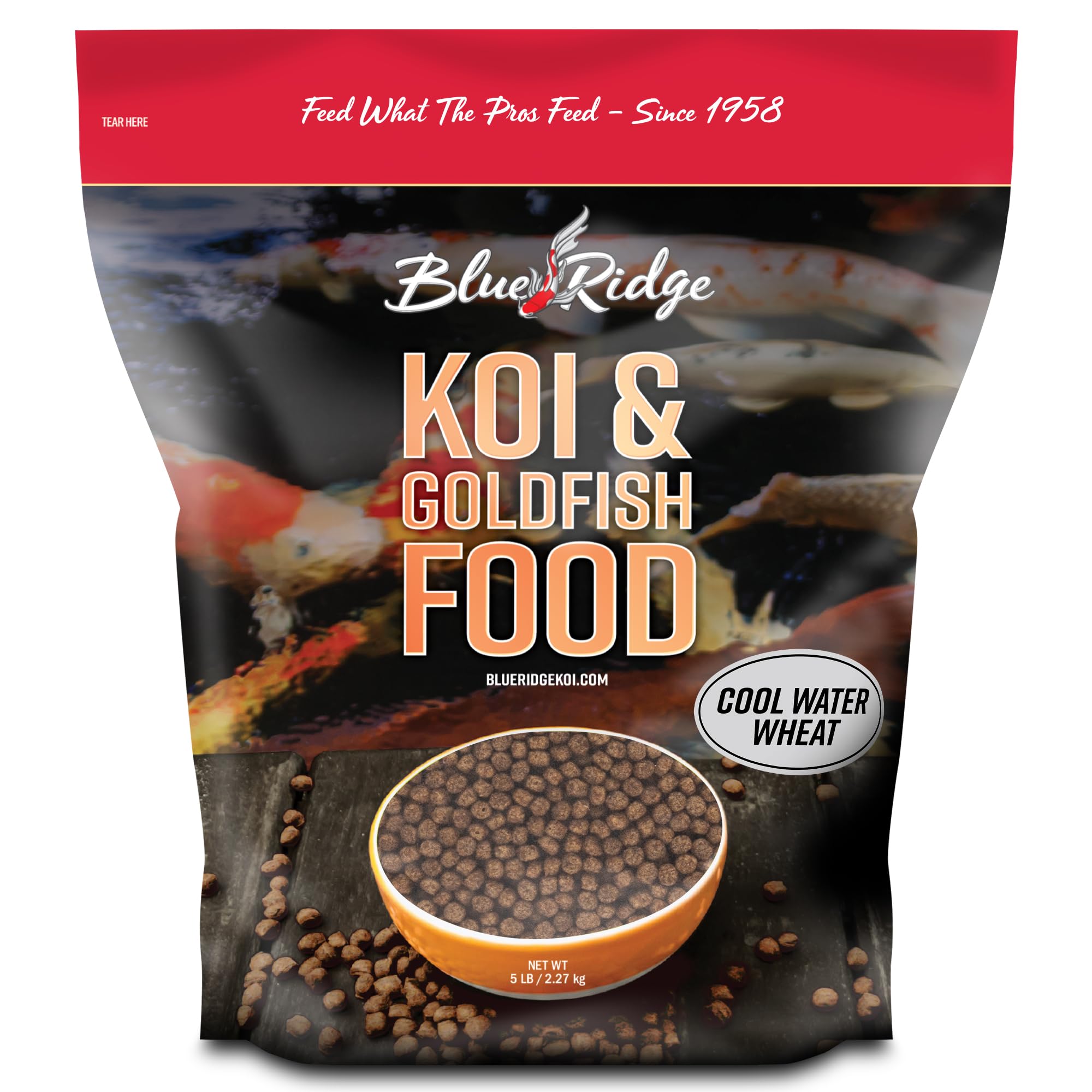 Blue Ridge Koi alimento para peces fríos, digestión eficiente en agua fría.