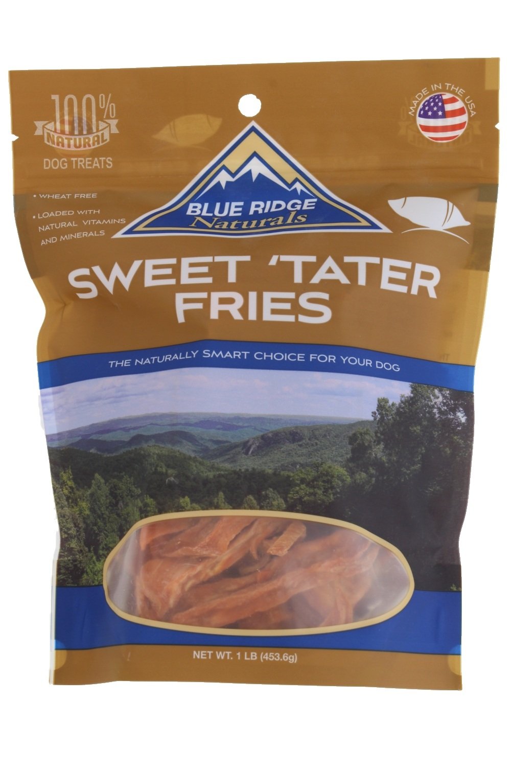 Blue Ridge Naturals patatas dulces fries en empaque muestra el tamaño de 1 libra, snack natural para perros.