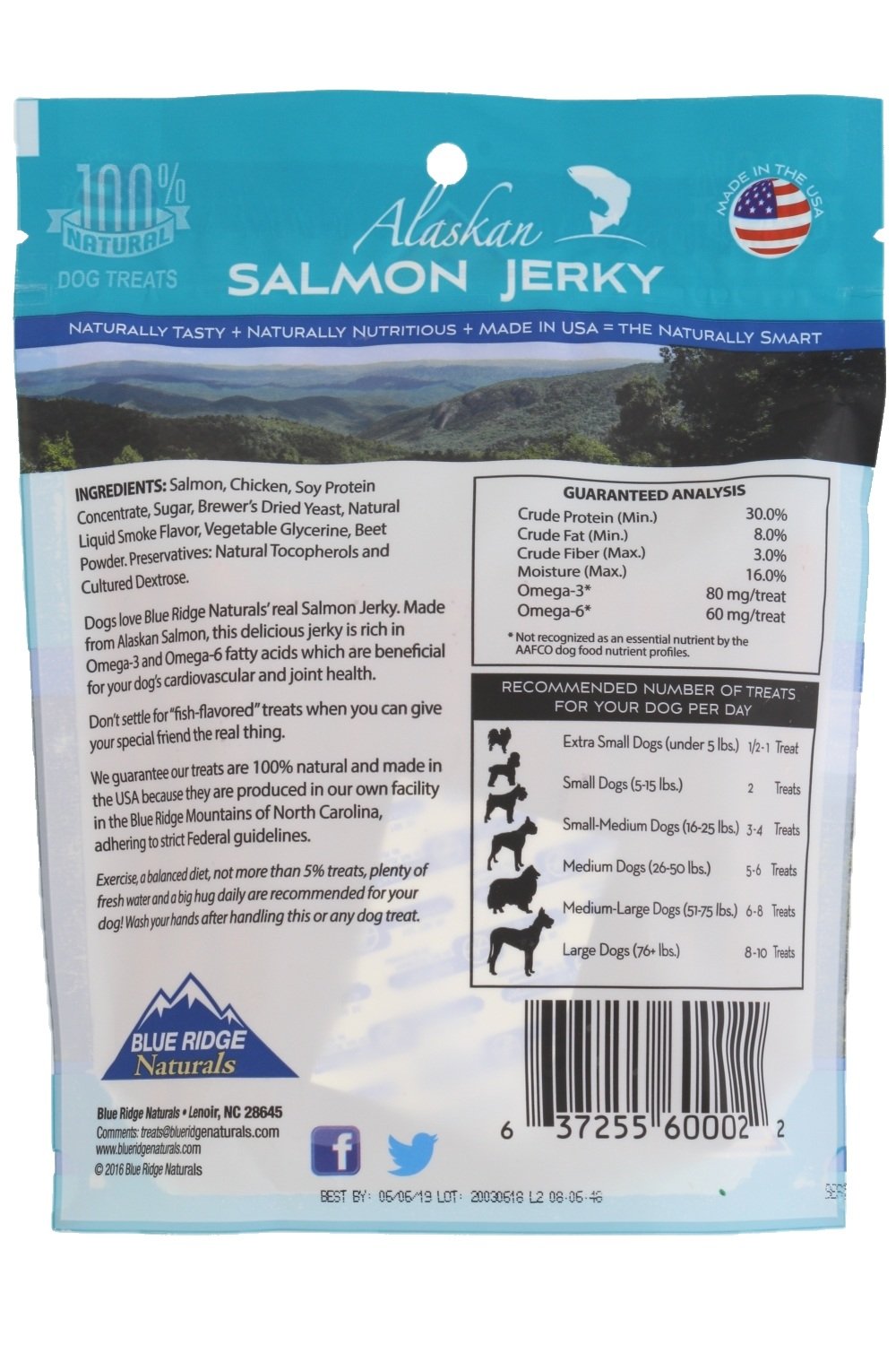 Blue Ridge Naturals tiras de salmón para perro, listas para premiar durante el entrenamiento.