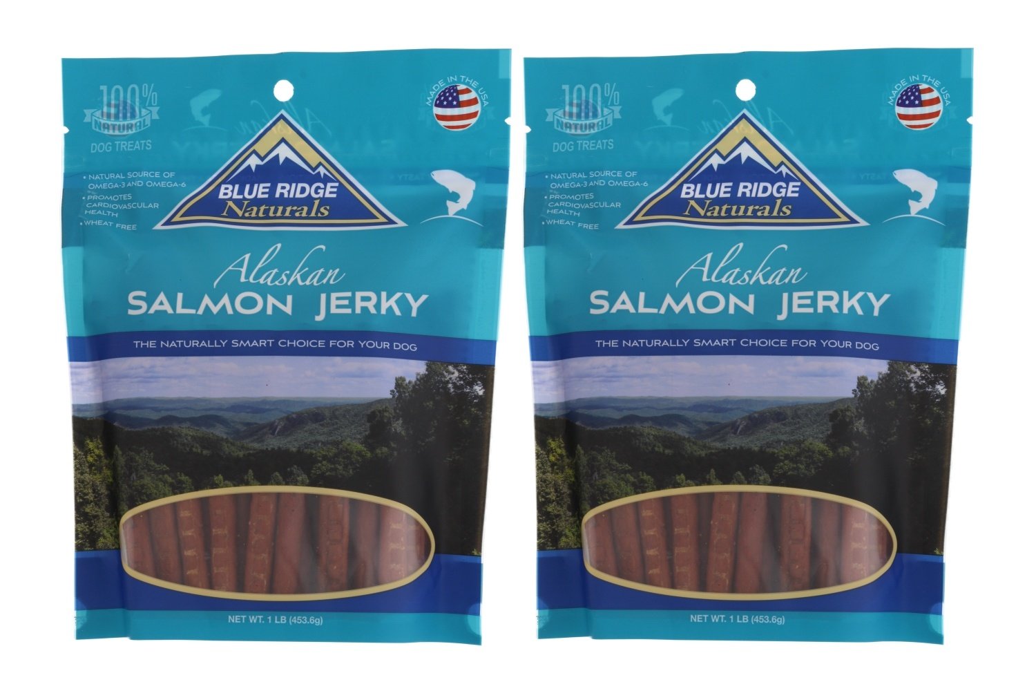Blue Ridge Naturals, tiras de salmón de Alaska, dos paquetes, snack natural para perros saludables.
