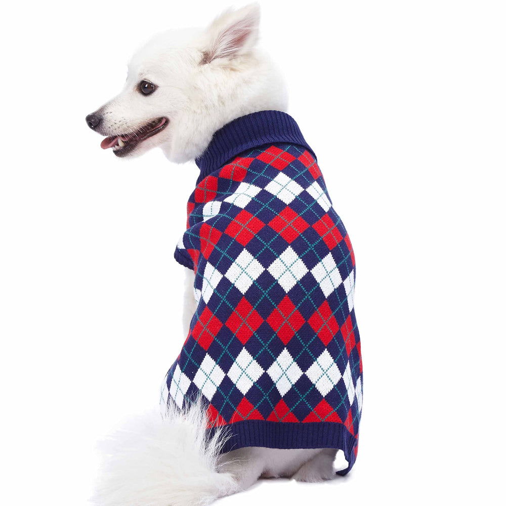 Blueberry Pet suéter argyle azul marino, lavable a máquina para uso diario.