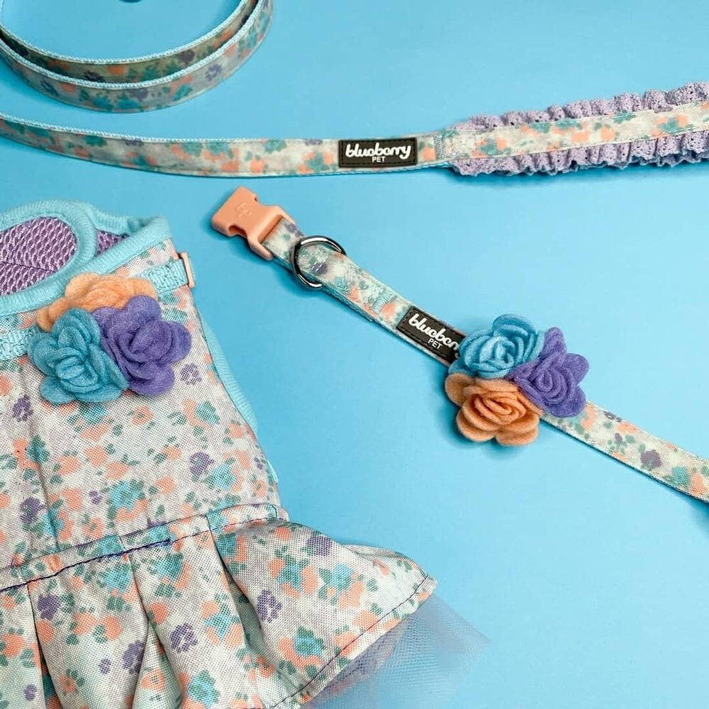 Estilo floral lavanda para perros grandes en situaciones diarias y especiales.