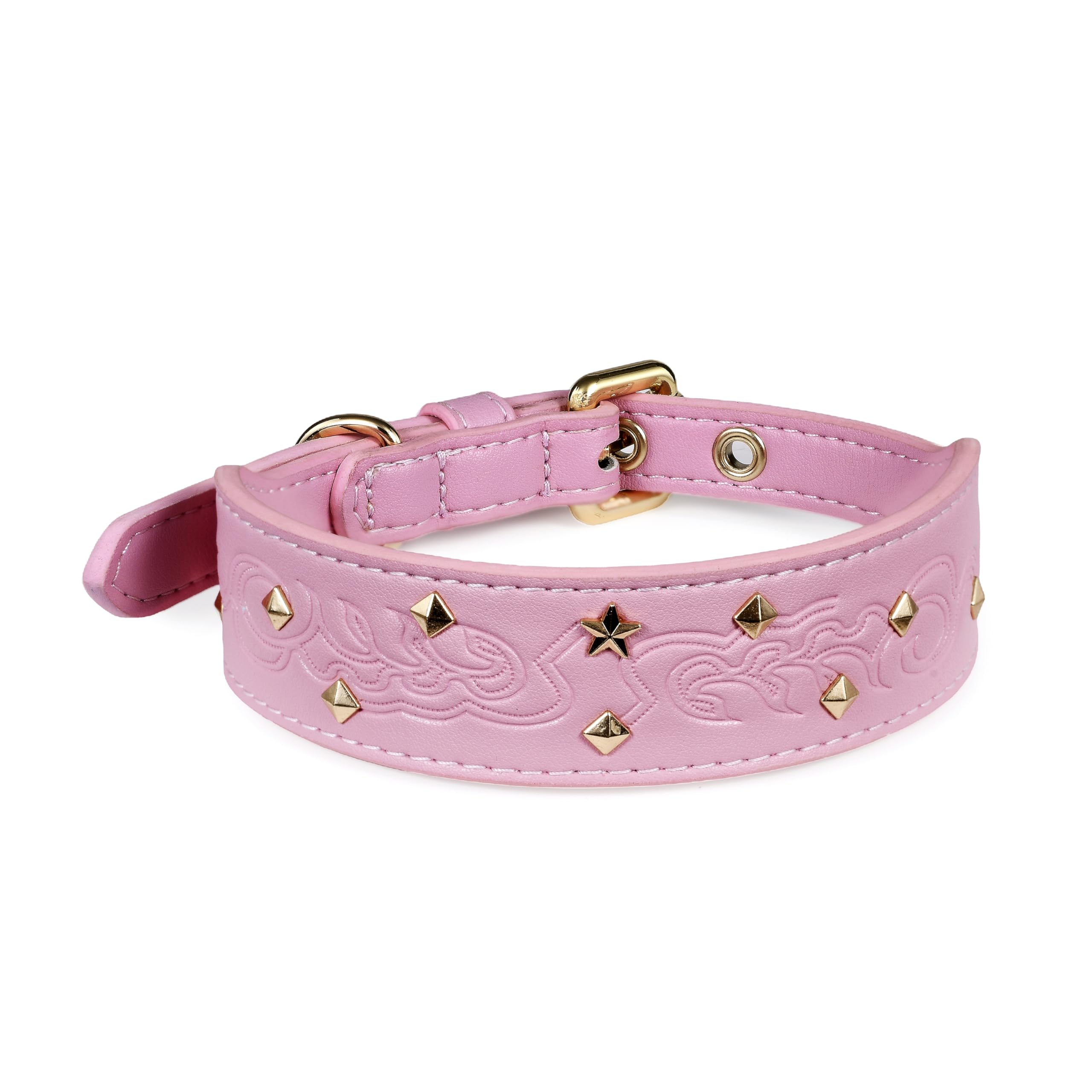 Blueberry Pet collar premium, grabado rosa glam con remaches dorados para estilo diario.