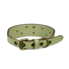 Tachuelas de latón antiguo decoran el collar Blueberry Pet con toque distinguido.