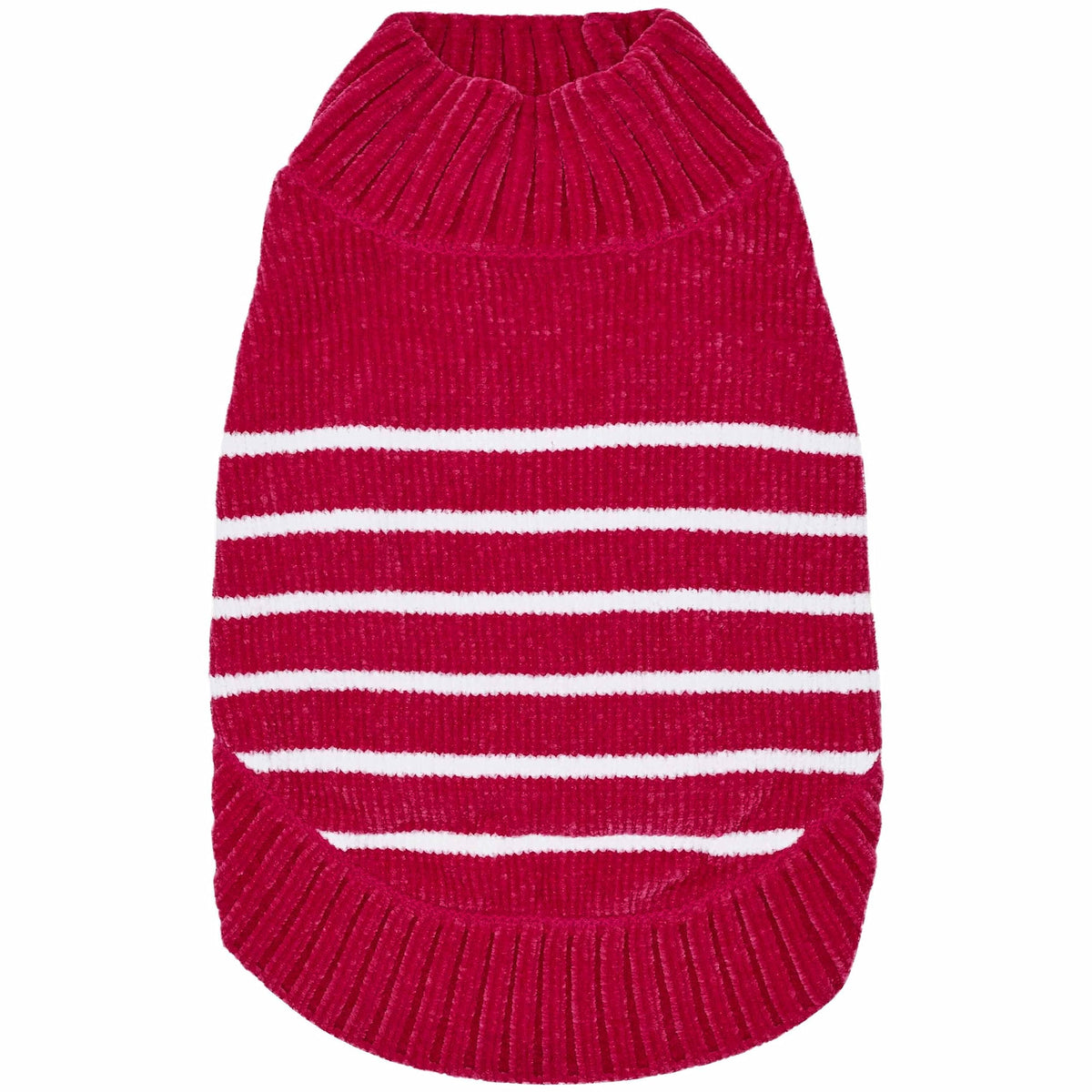 Blueberry Pet suéter de chenilla con rayas rosa vista frontal, ideal para mantener cálido al perro
