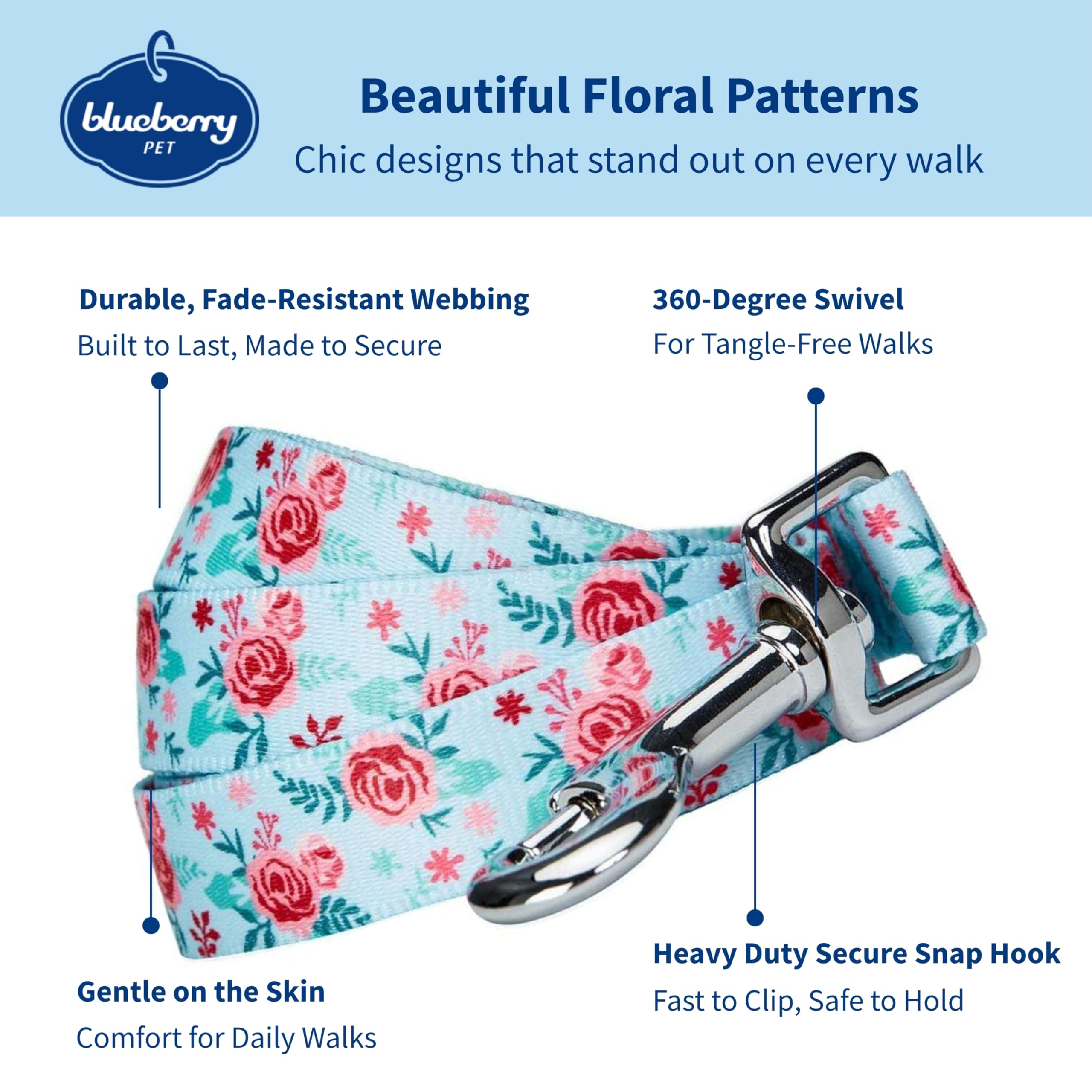 Blueberry Pet Essentials correa azul pastel con motivo floral, perfecta para combinar con collar a juego.