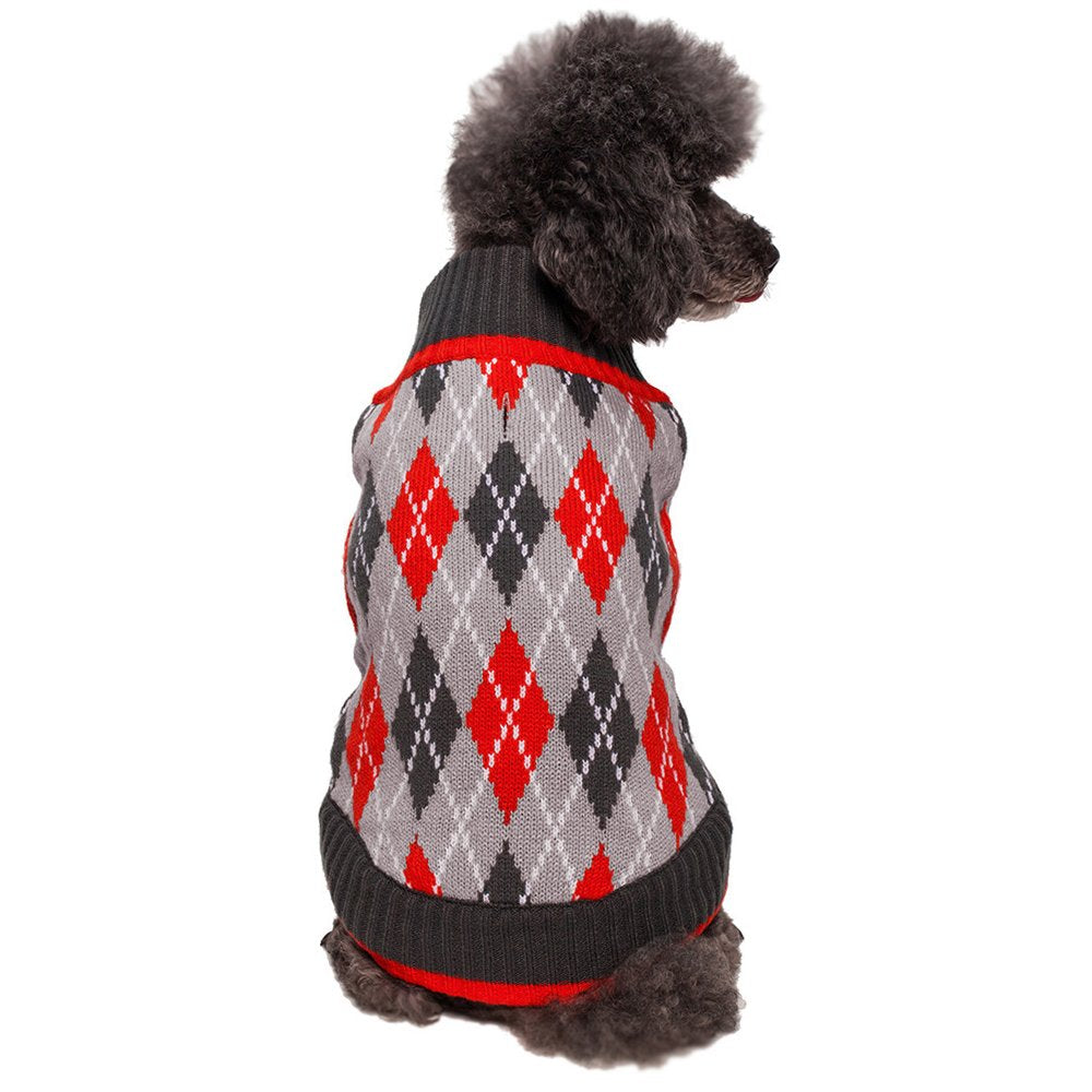 Blueberry Pet suéter argyle Charcoal y Scarlet para paseos con estilo y calidez