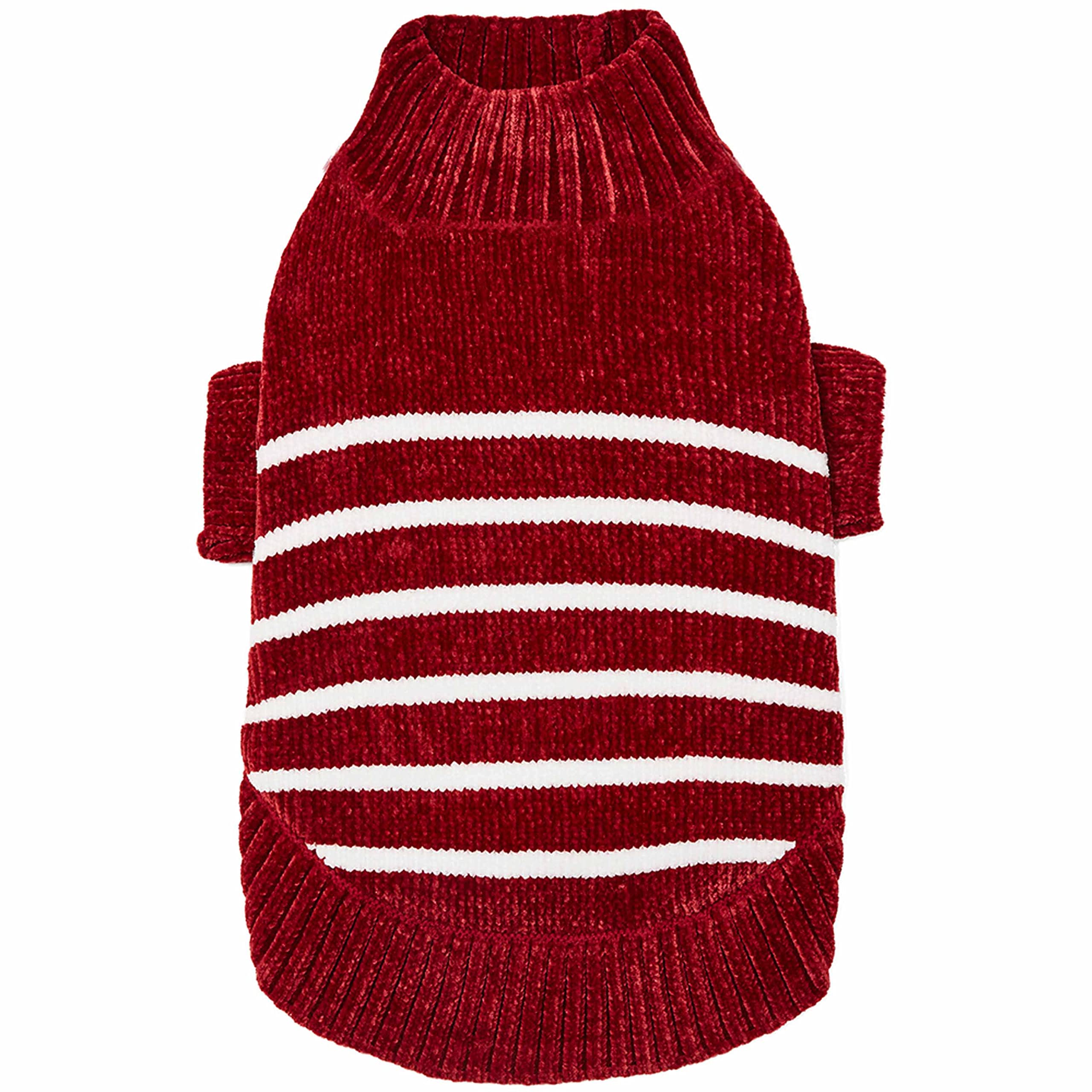Blueberry Pet suéter chenille rayado burdeos, ideal para paseos fríos.