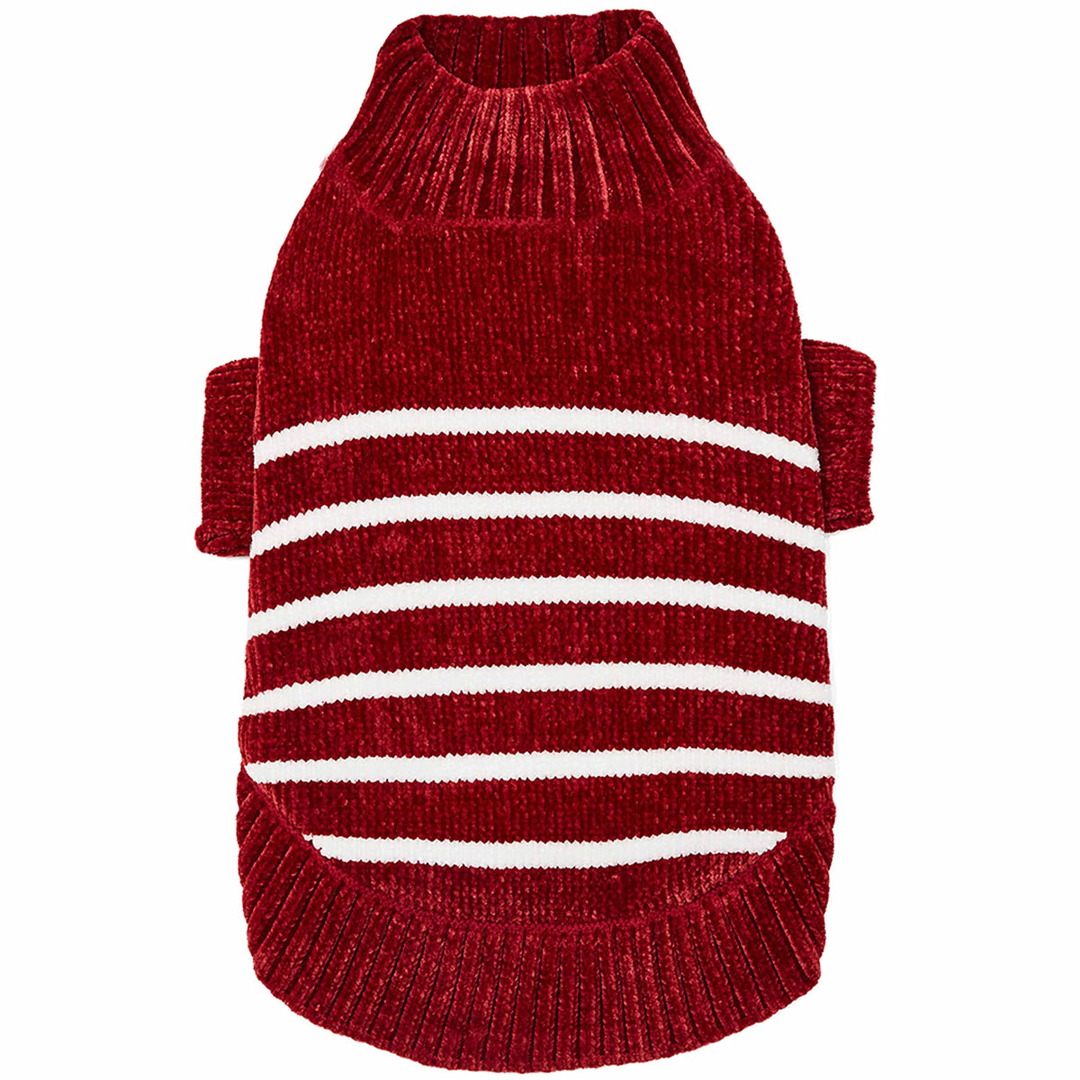 Blueberry Pet suéter chenille rayado burdeos, ideal para paseos fríos.