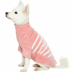Blueberry Pet suéter chenille con rayas rosa polvo, espalda 14 pulgadas, perfecto para paseos fríos.