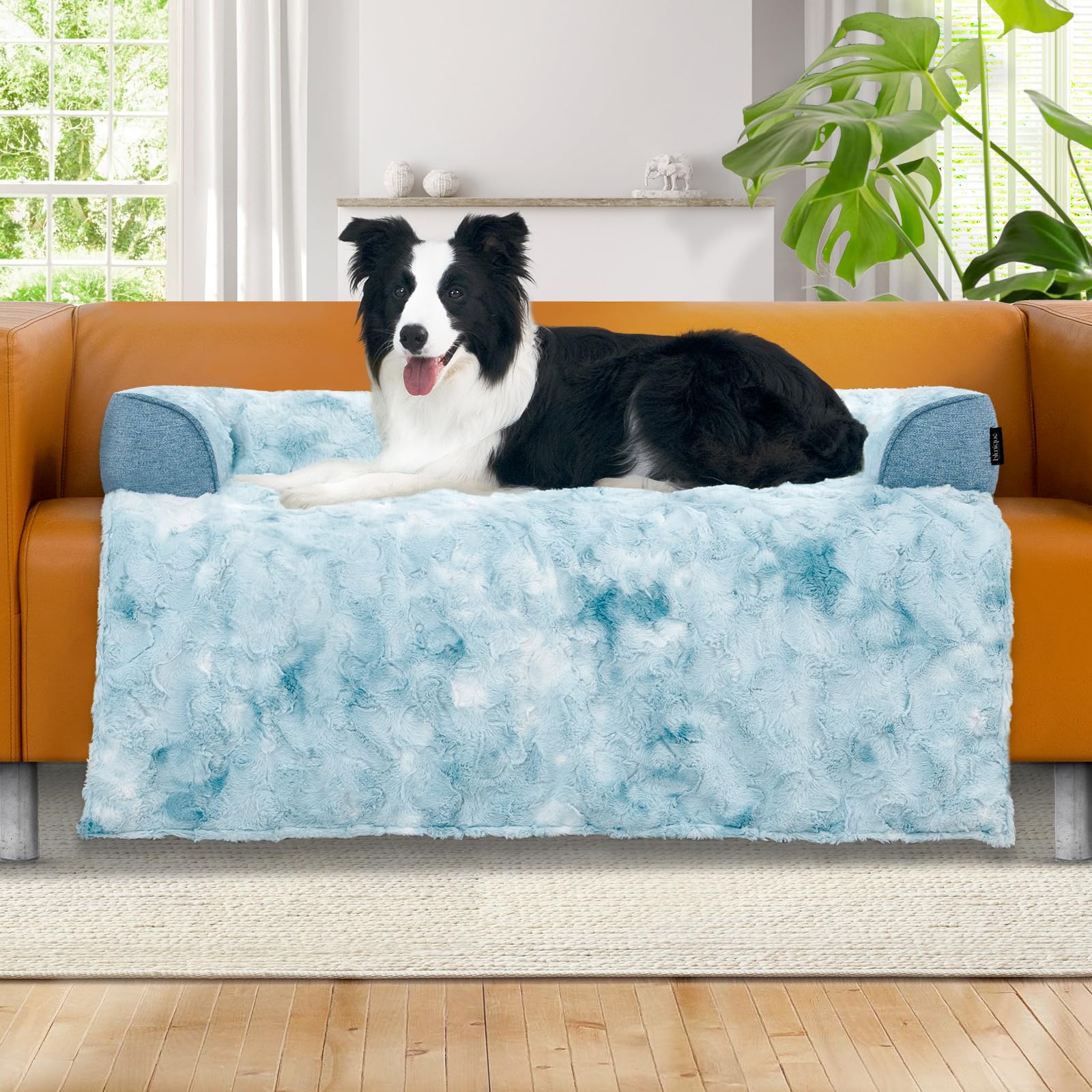 Blunique cama para perro grande en azul multicolor, descanso suave en el sofá.