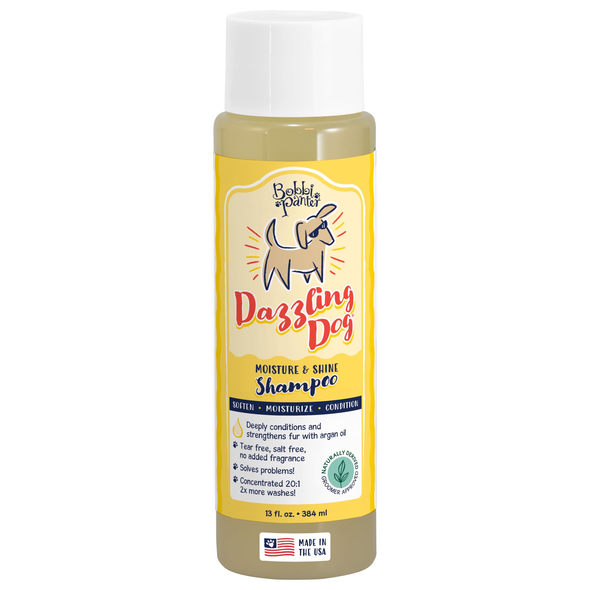 Bobbi Panter Champú para perros, botella en primer plano, nutrición suave.