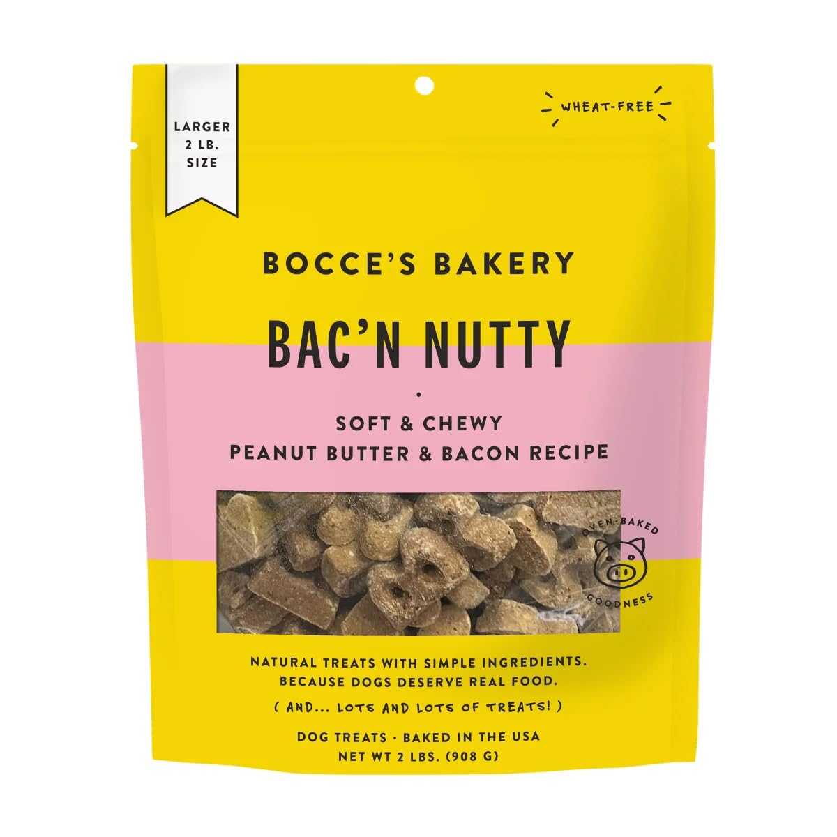 Bocce's Bakery Bac ’N Nutty suave y masticable, sabor a maní y tocino, perfecto para entrenamiento.