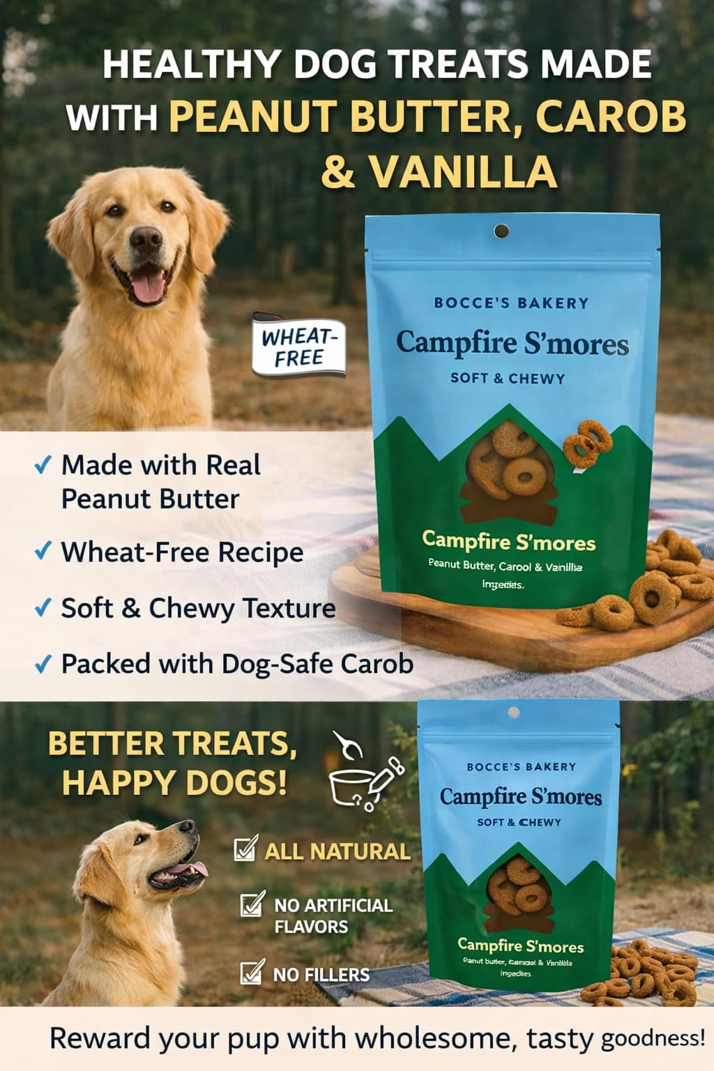 Ingredientes naturales de Bocce's Panadería con mantequilla de maní, sabor auténtico para perros