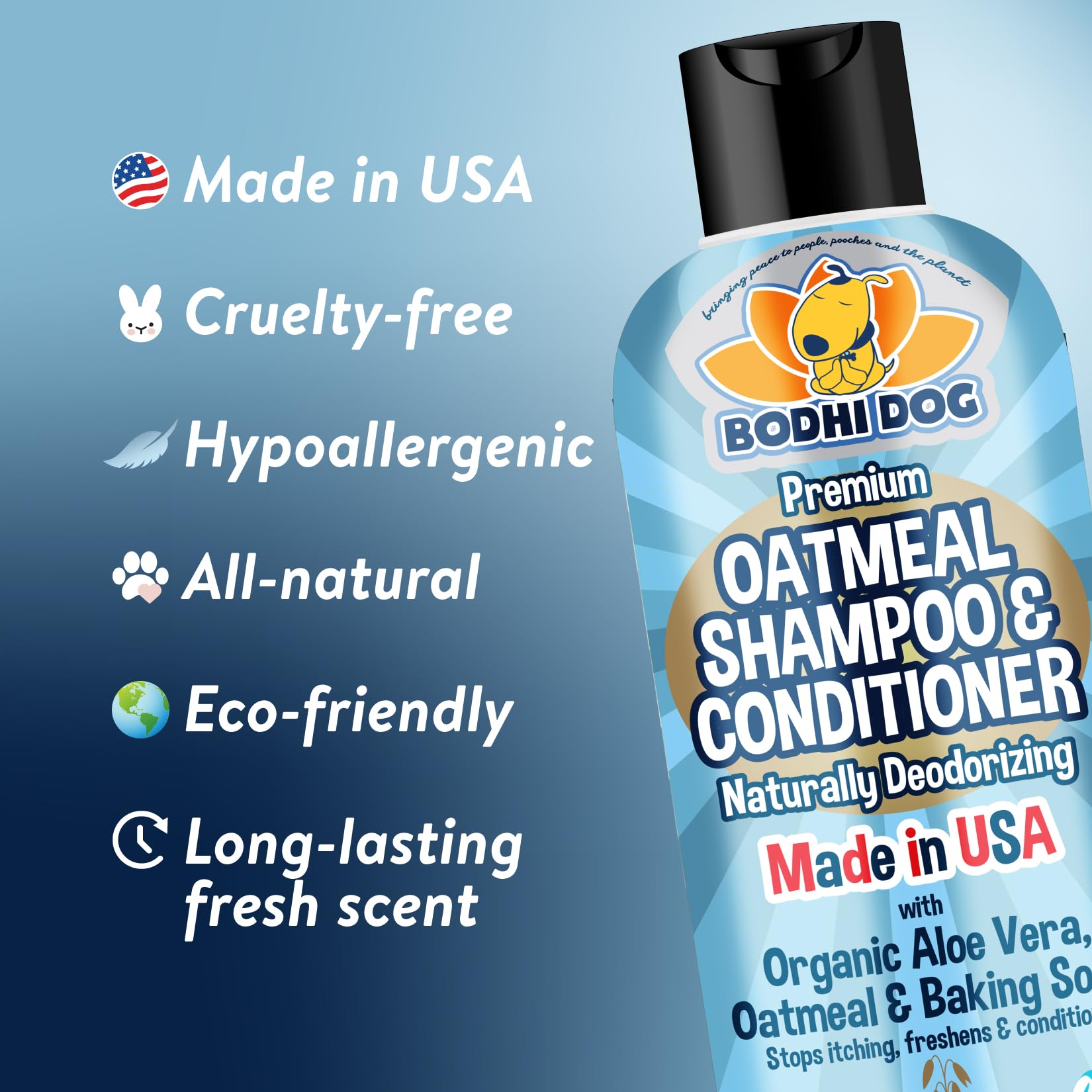 Bodhi Dog acondicionador avena: frasco visible y pelaje suave.