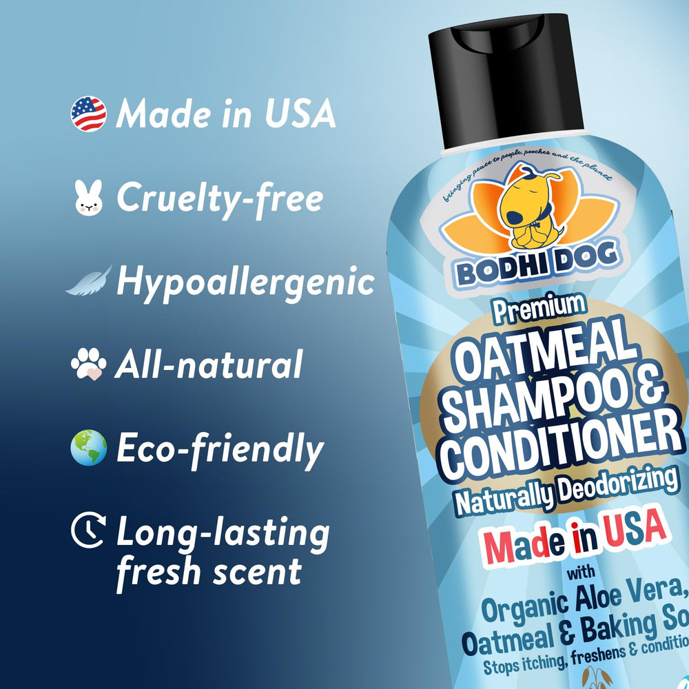 Bodhi Dog acondicionador avena: frasco visible y pelaje suave.