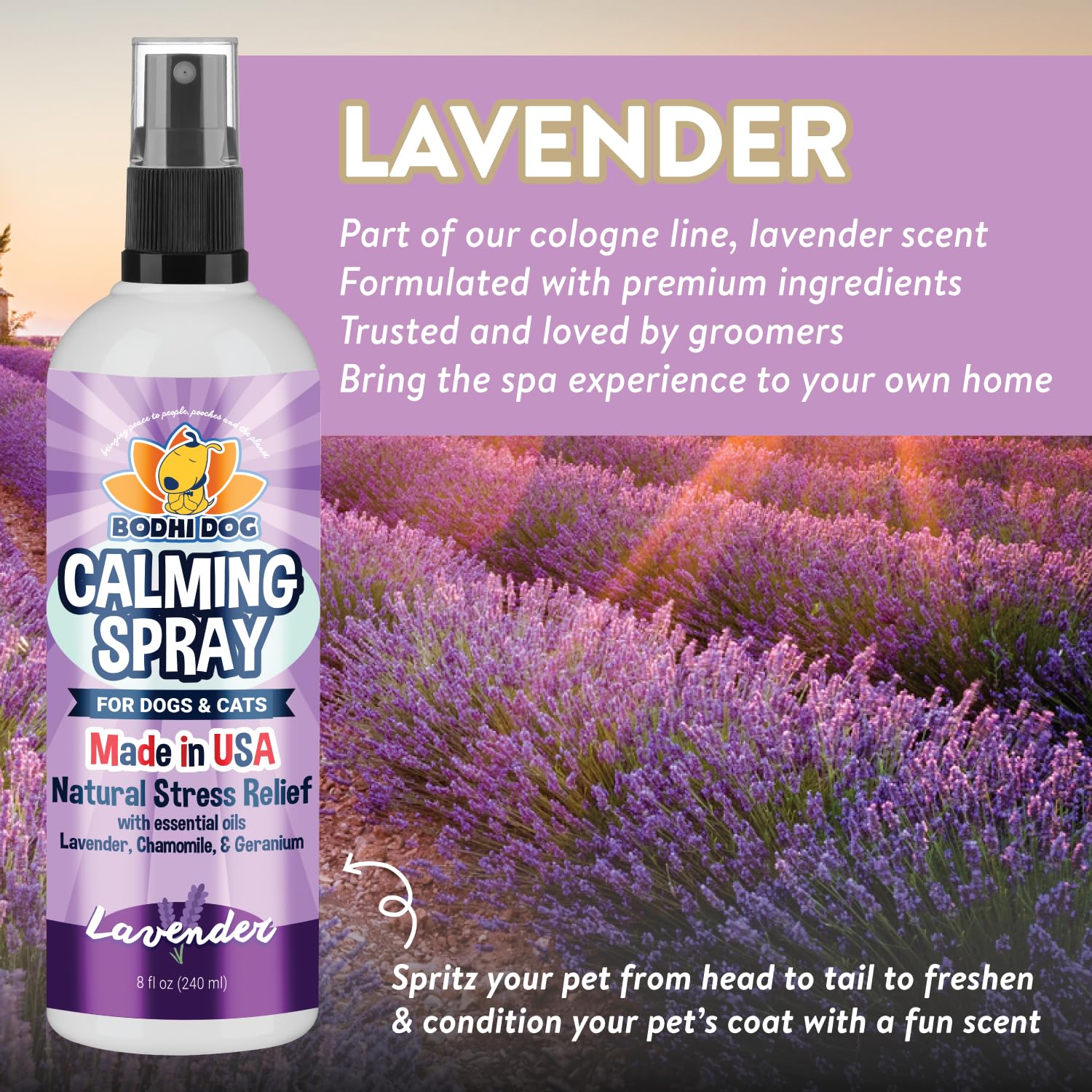 Bodhi Dog Calming Spray: etiqueta-usa que refleja fabricación local.