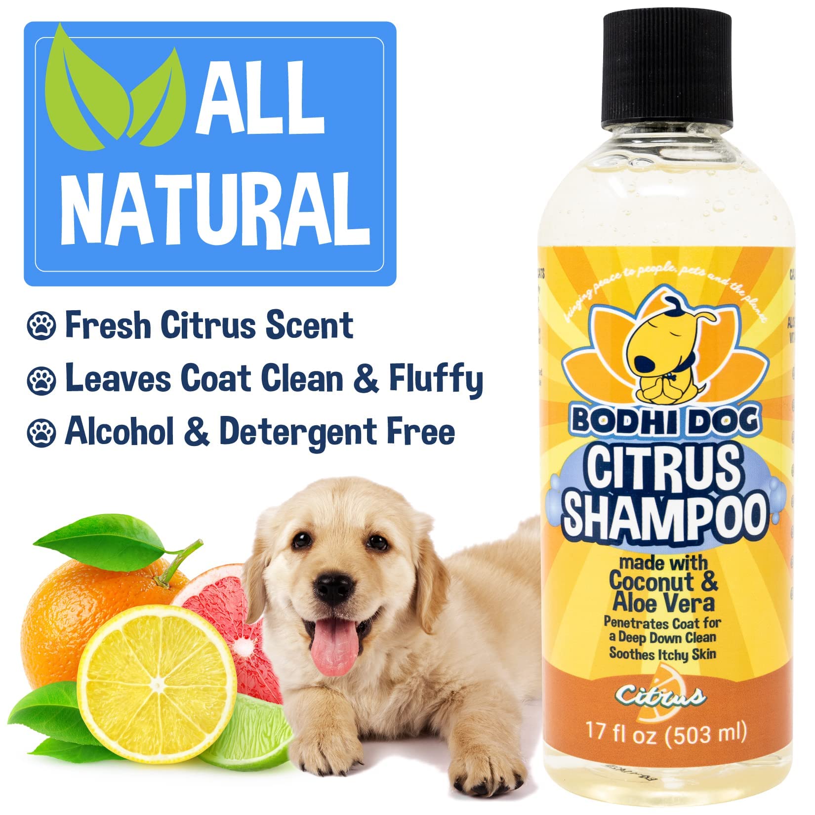 Perro feliz y relajado tras baño con Bodhi Dog champú cítrico