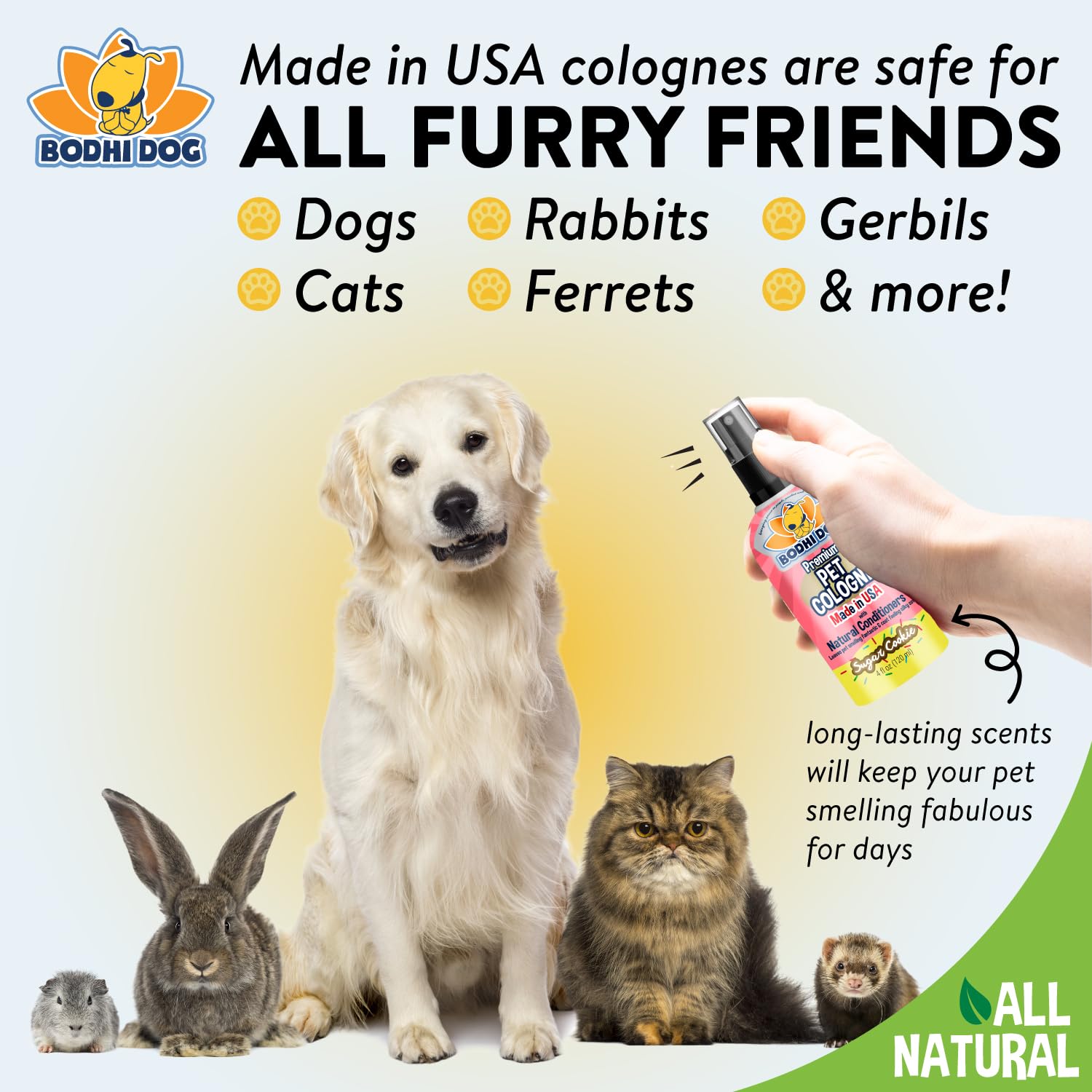Bodhi Dog spray mascotas, aplicador cómodo, aroma galleta azucarada para uso diario.