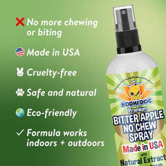 Bodhi Dog spray amargo para muebles, disuade mordisqueo en superficies del hogar.