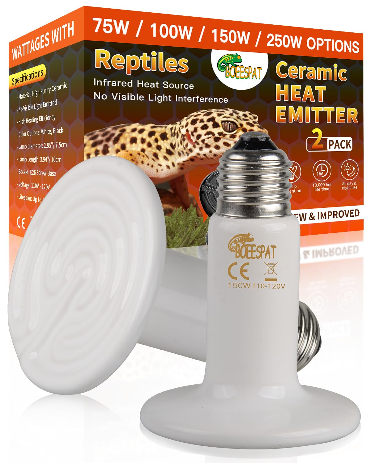 BOEESPAT lámpara calor cerámica 150W pack 2 para reptiles, calor estable y sin perturbaciones