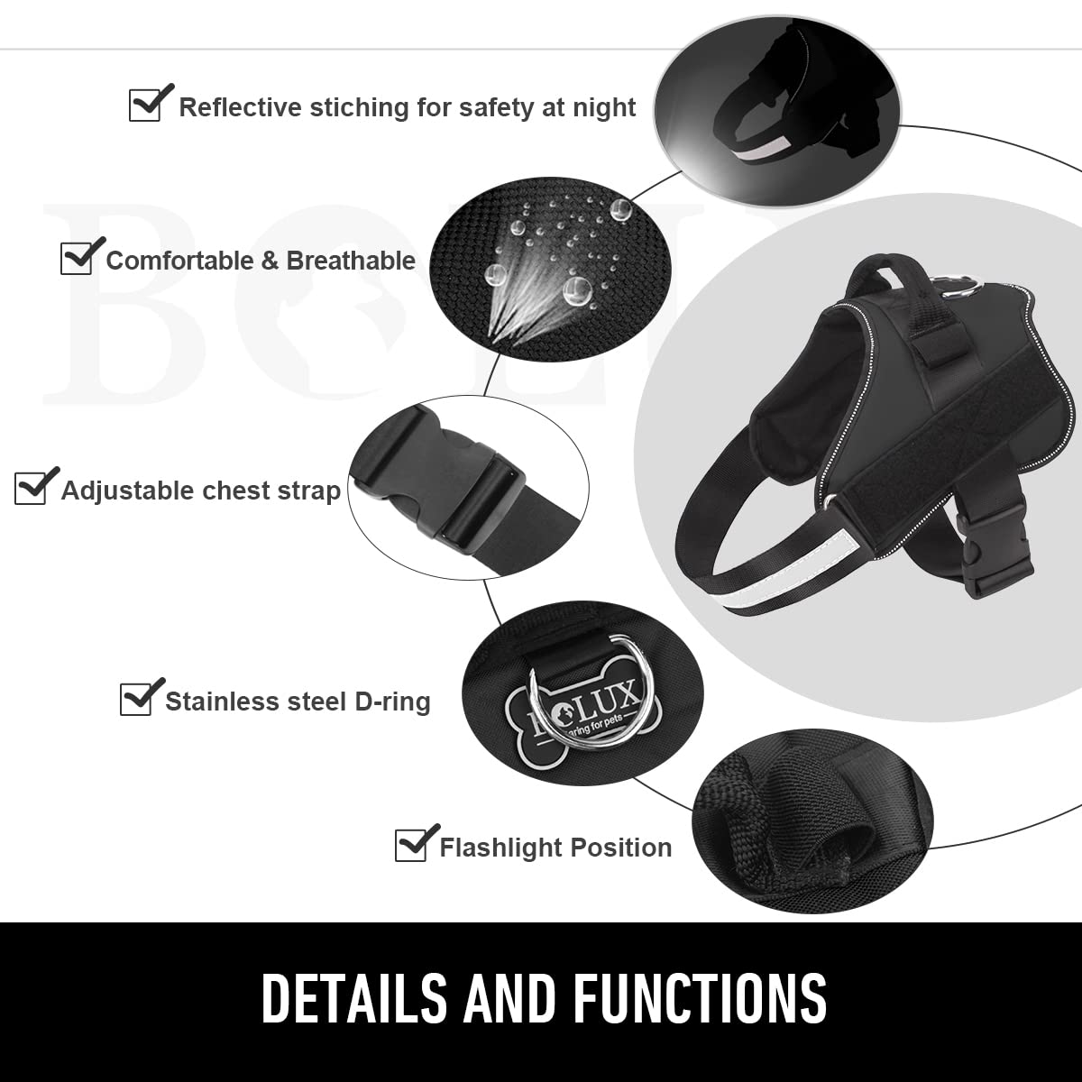 Arnés Bolux ajustable con mango para control suave durante caminatas.