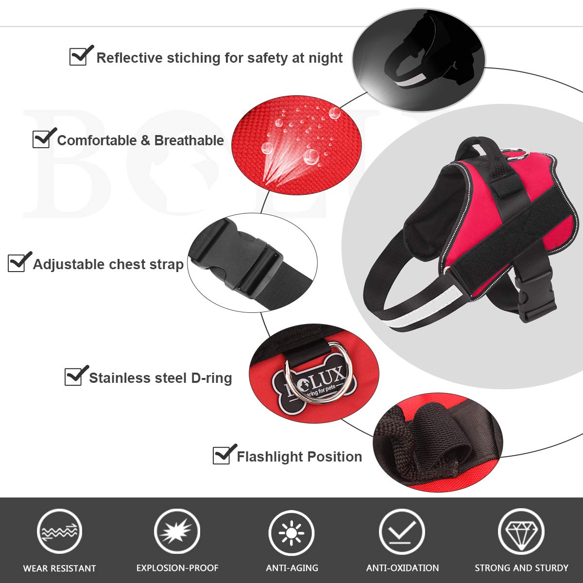 Bolux arnés para perro con asa de control para paseos seguros.