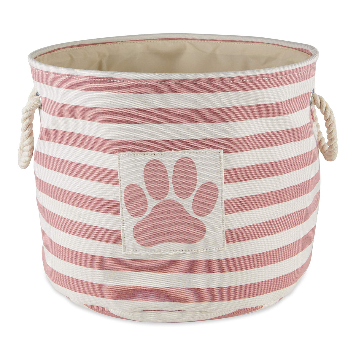 Bone Dry cesta redonda rosa con patitas rayadas para organización del hogar.