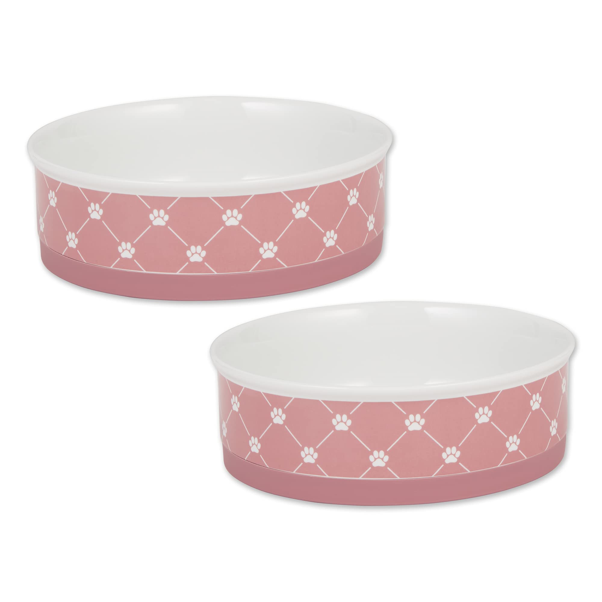Bone Dry Trellis con huellas de pata en tazones rosas, ideal para comer cómodo.