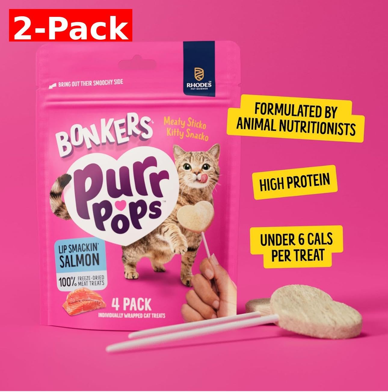 Detalle de textura de salmón liofilizado en piruleta Bonkers Purrpops, ideal para premiar