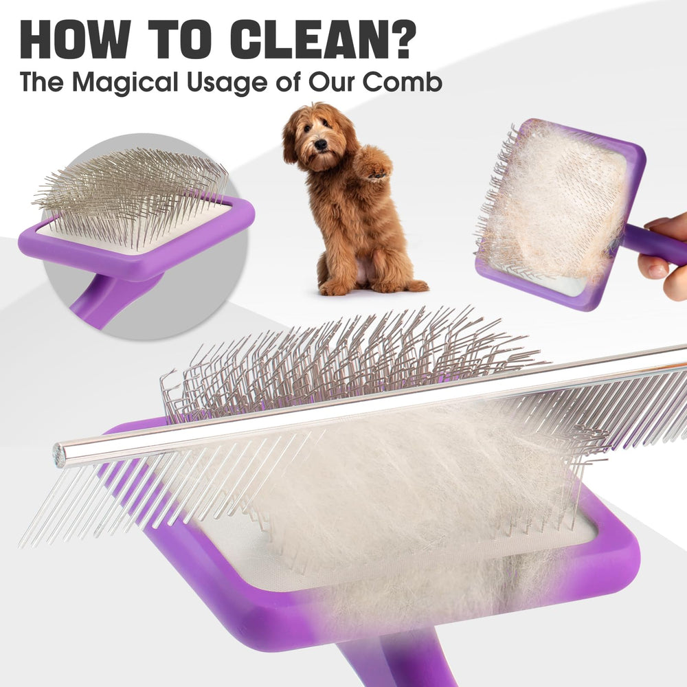 Bonteck detalle del cepillo ergonómico en morado para acicalamiento.