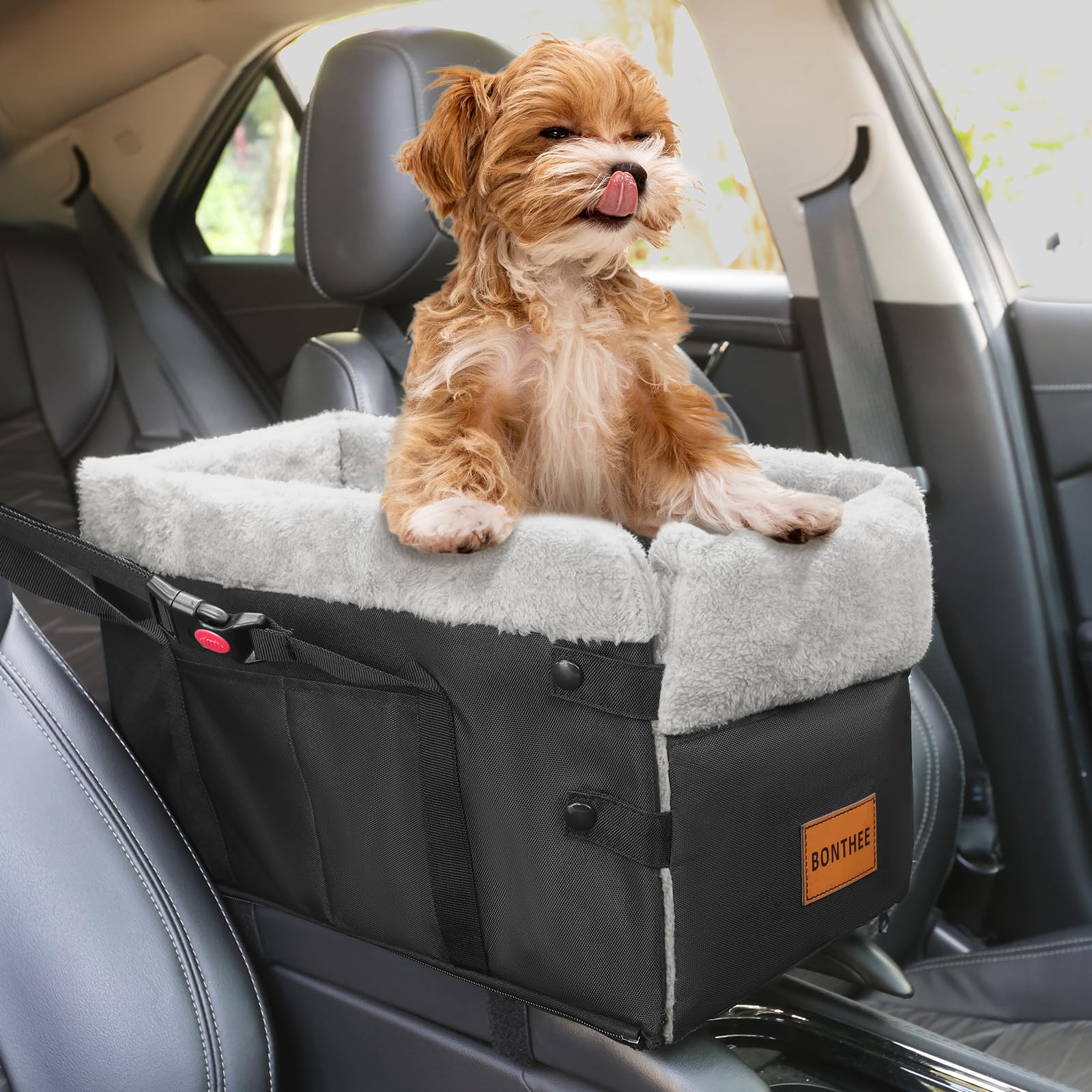 BONTHEE asiento para perros en consola central, seguridad y estabilidad.