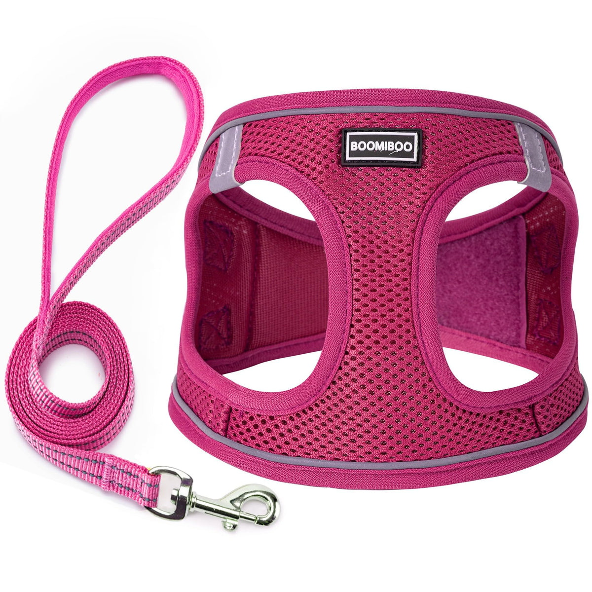 Boomiboo arnés con correa rosa, vista frontal, ideal para paseos diarios